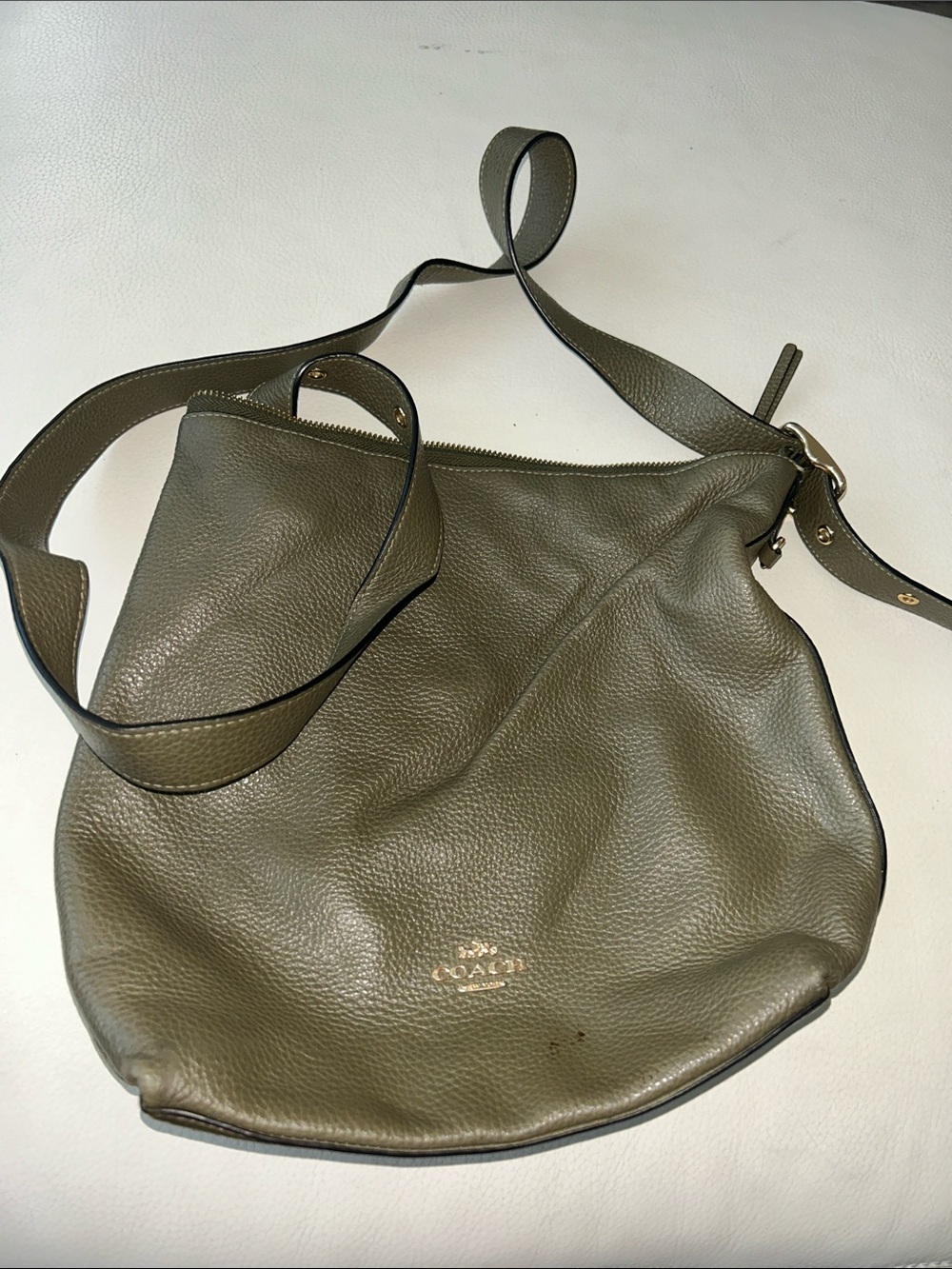 Coach Olive Green Pebbled Leather Hobo Shoulder Bag with Gold Logo